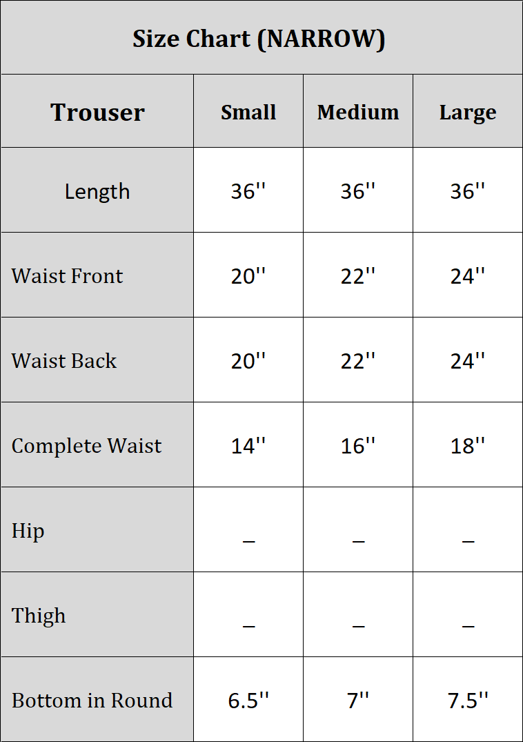 Dyed Khaddar Trousers Size Chart