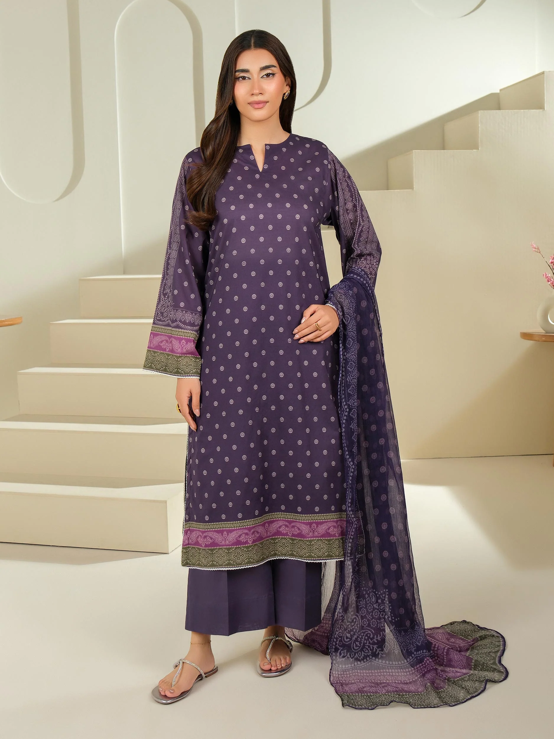 3 Piece Purple Cambric Suit-Printed