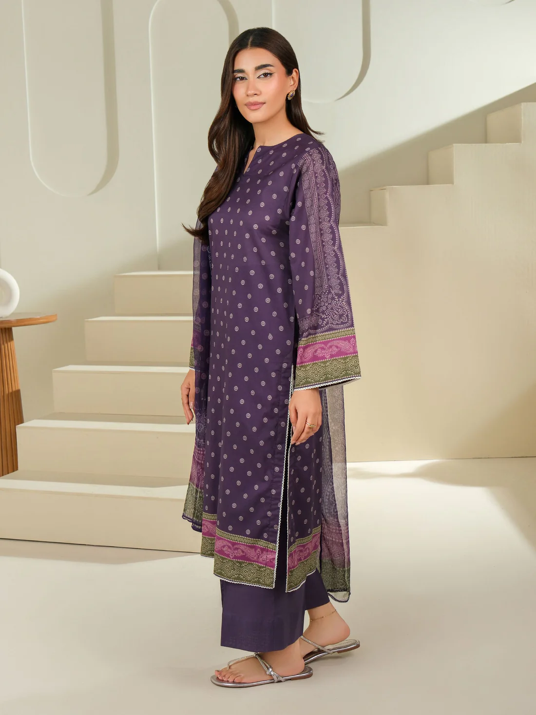 3 Piece Purple Cambric Suit-Printed