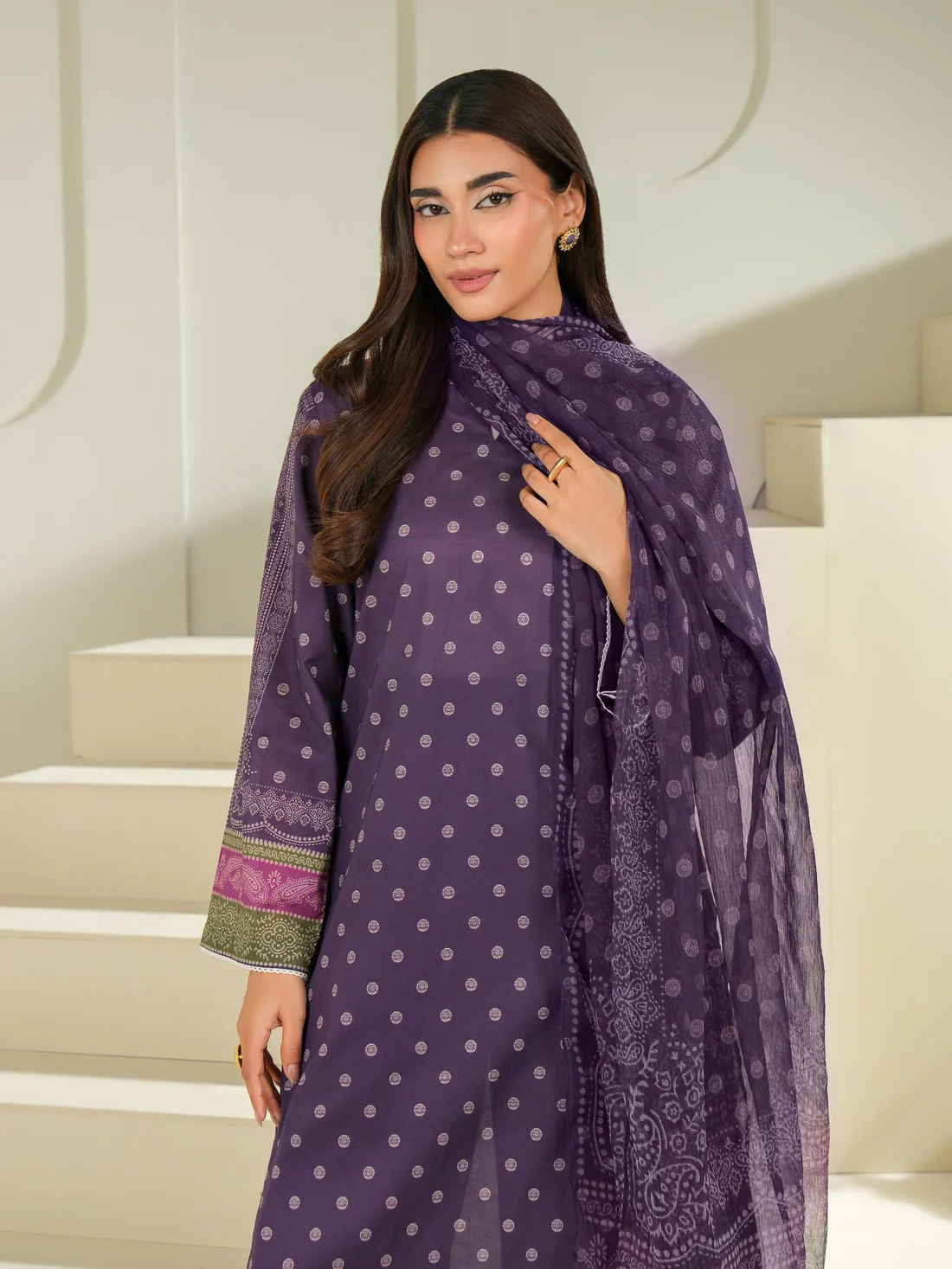 3 Piece Purple Cambric Suit-Printed