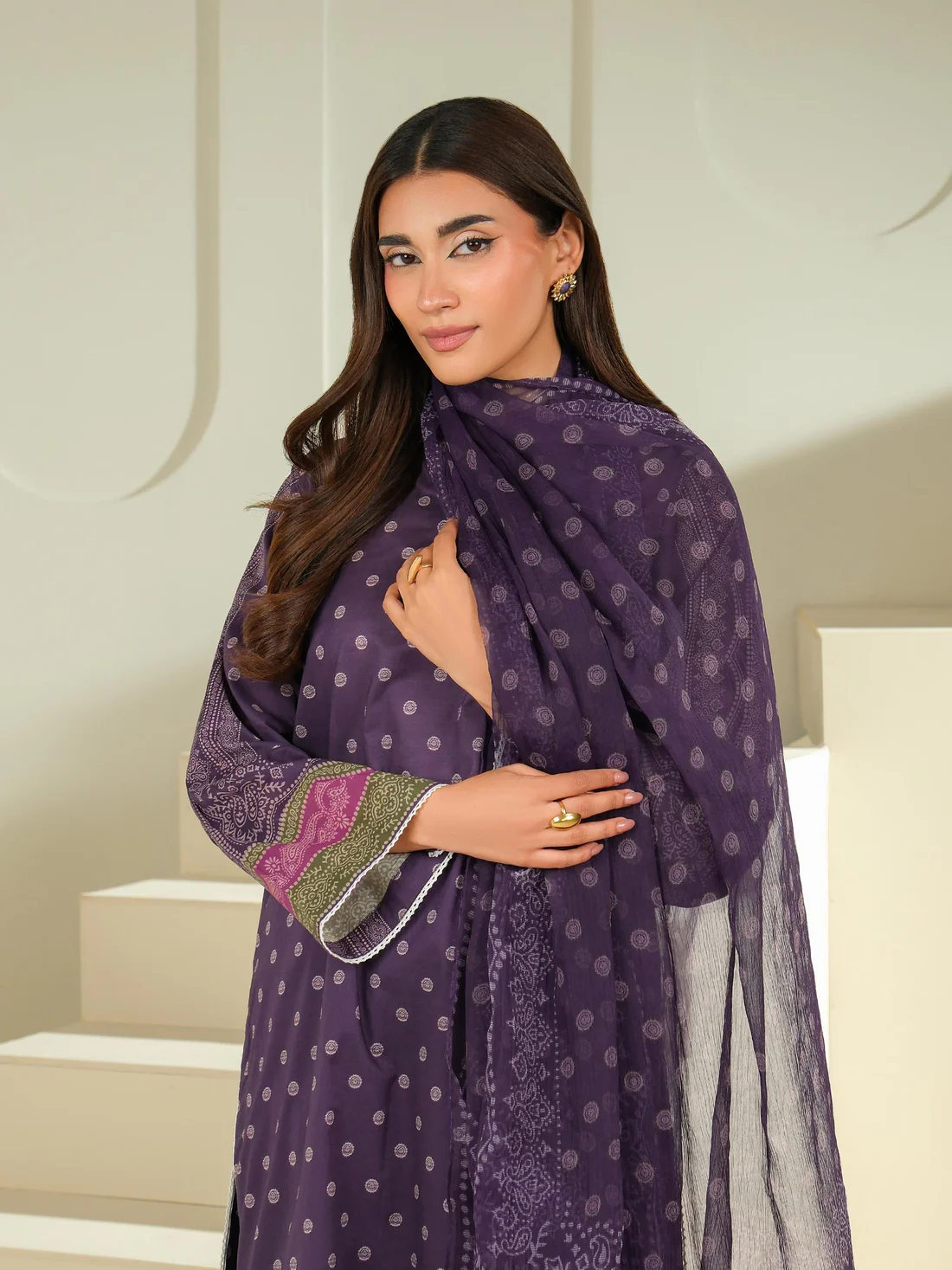 3 Piece Purple Cambric Suit-Printed