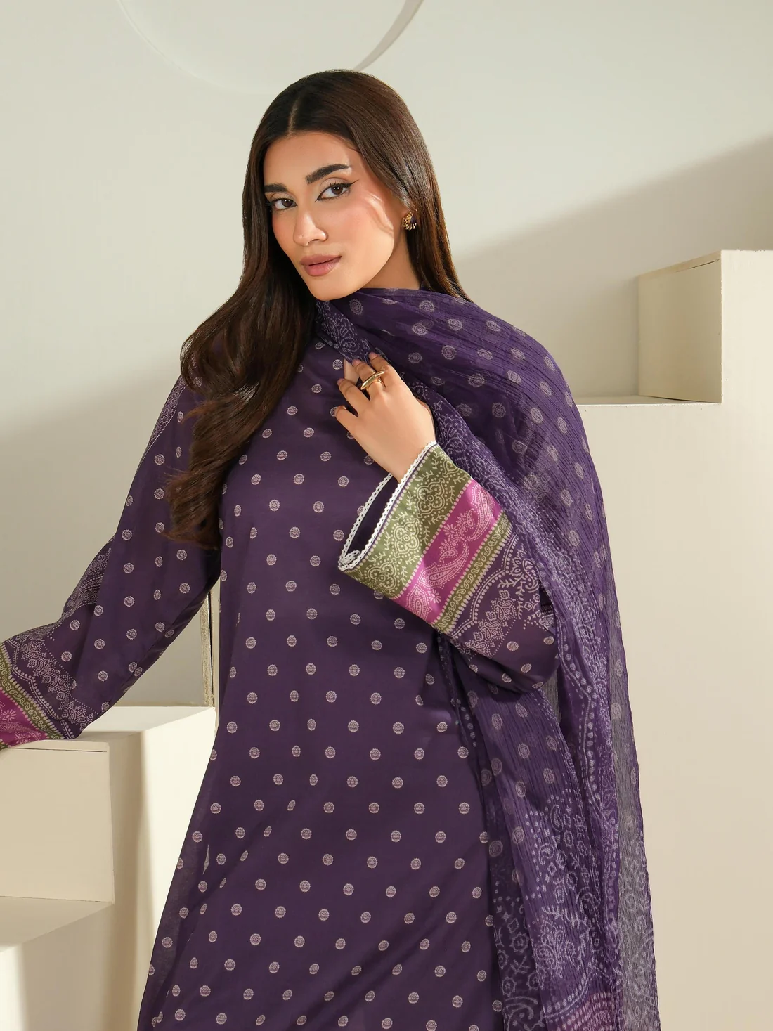 3 Piece Purple Cambric Suit-Printed 3 Piece Purple Cambric Suit-Printed