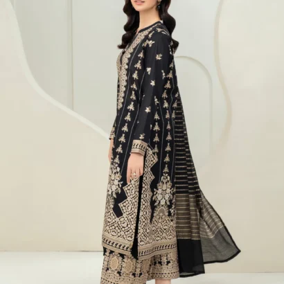 3 Piece Lawn Suit-Paste Print - Black