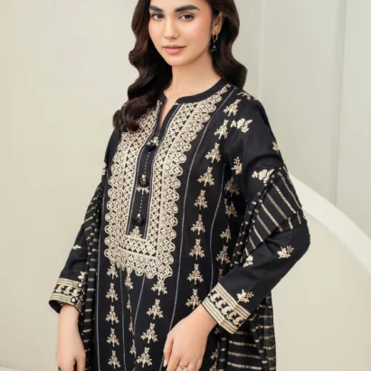 3 Piece Lawn Suit-Paste Print - Black