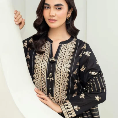 3 Piece Lawn Suit-Paste Print - Black