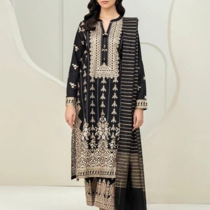 3 Piece Lawn Suit-Paste Print - Black